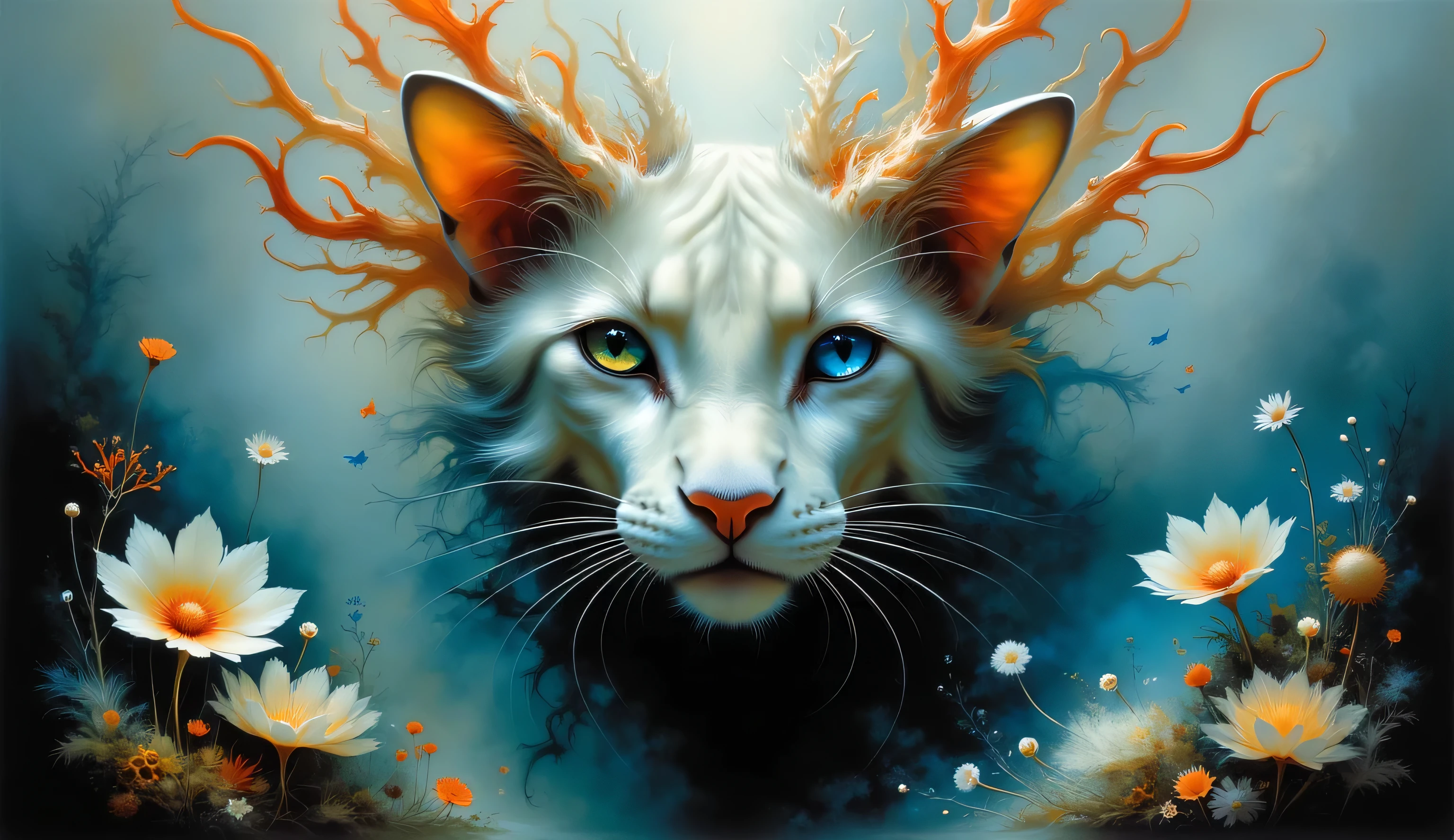 Surreal painting of a creature's face blending into a breathtaking white coral landscape, his head encapsulating a living scene from the deep sea, holographic eyes shimmering with ethereal light, ultra realistic, Dramatic Lighting , very detailed.
