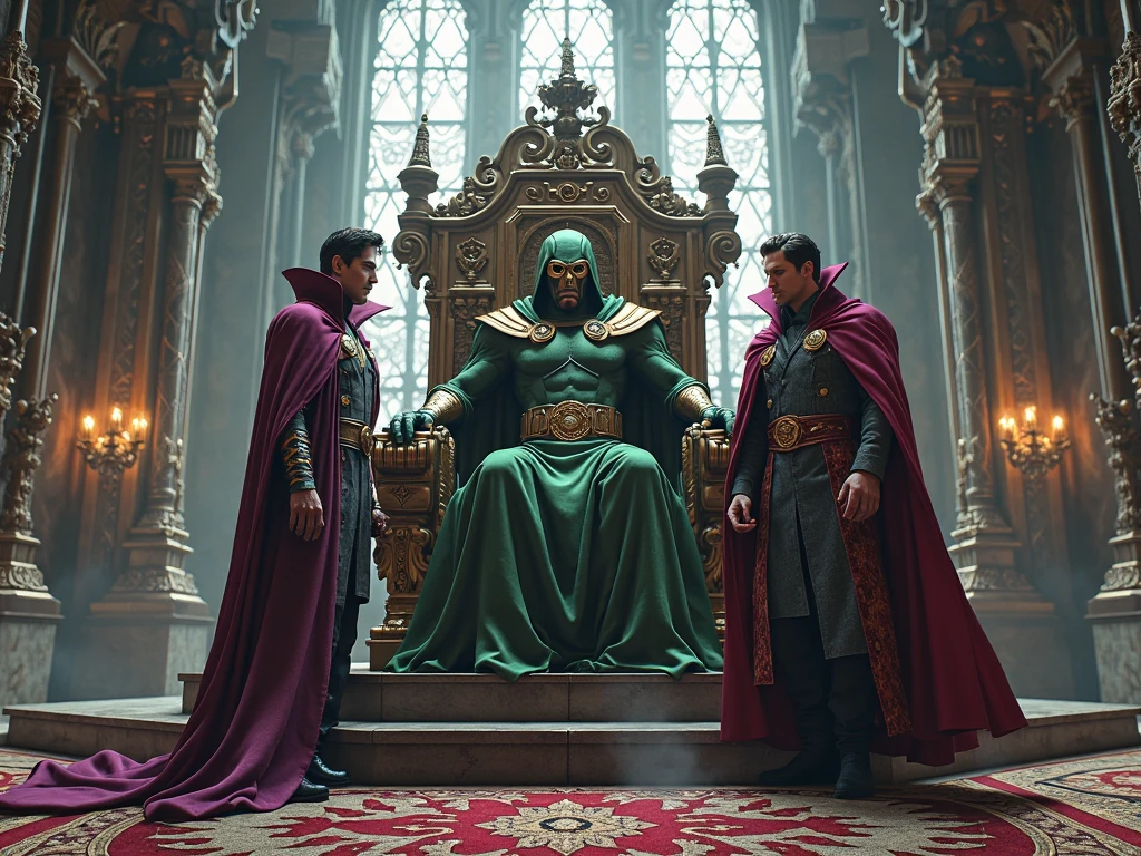 Dr Doom setting on a Throne on his left is Doctor Strange, background is a Castle, in front