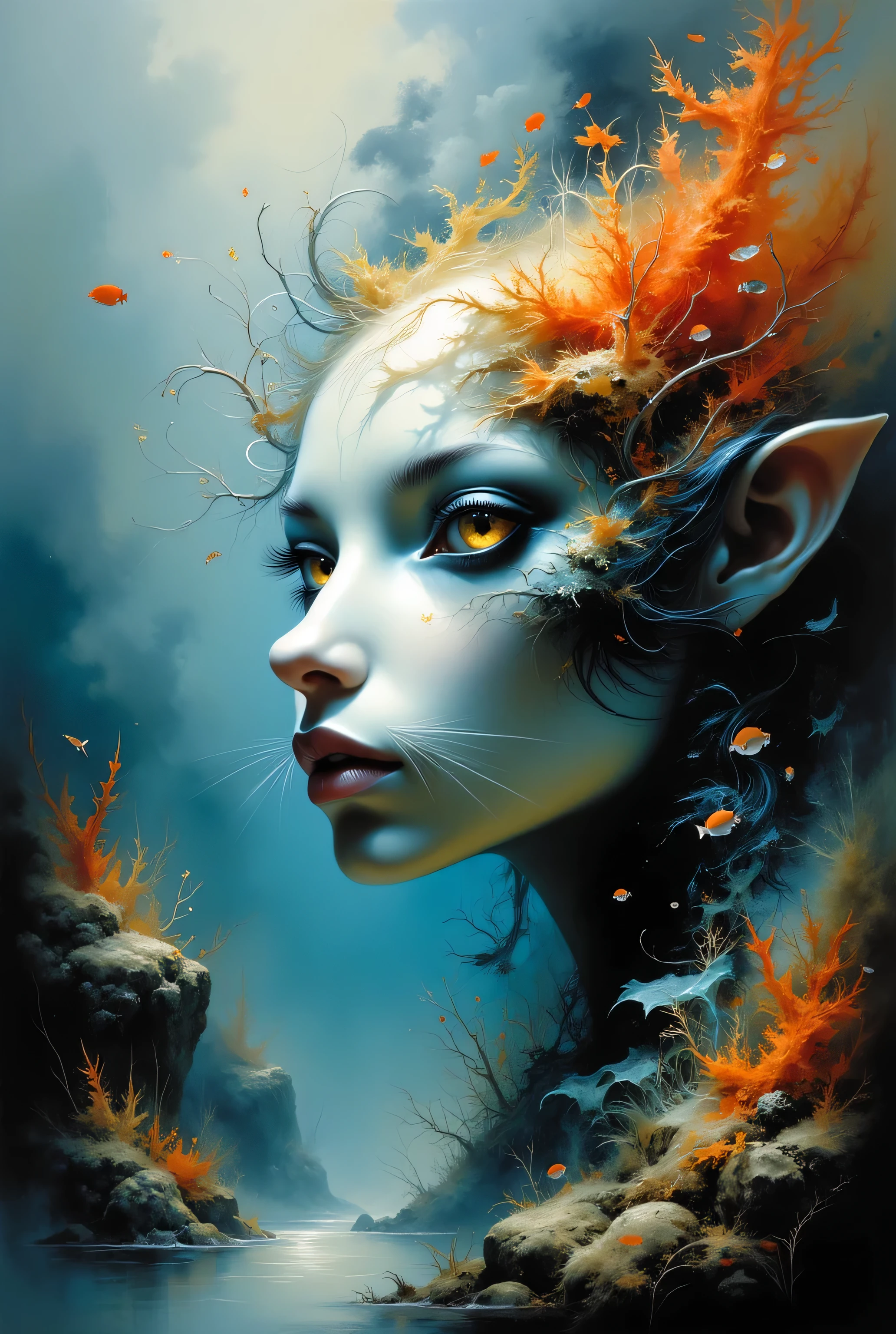 Surreal painting of a creature's face blending into a breathtaking white coral landscape, his head encapsulating a living scene from the deep sea, holographic eyes shimmering with ethereal light, ultra realistic, Dramatic Lighting , very detailed.