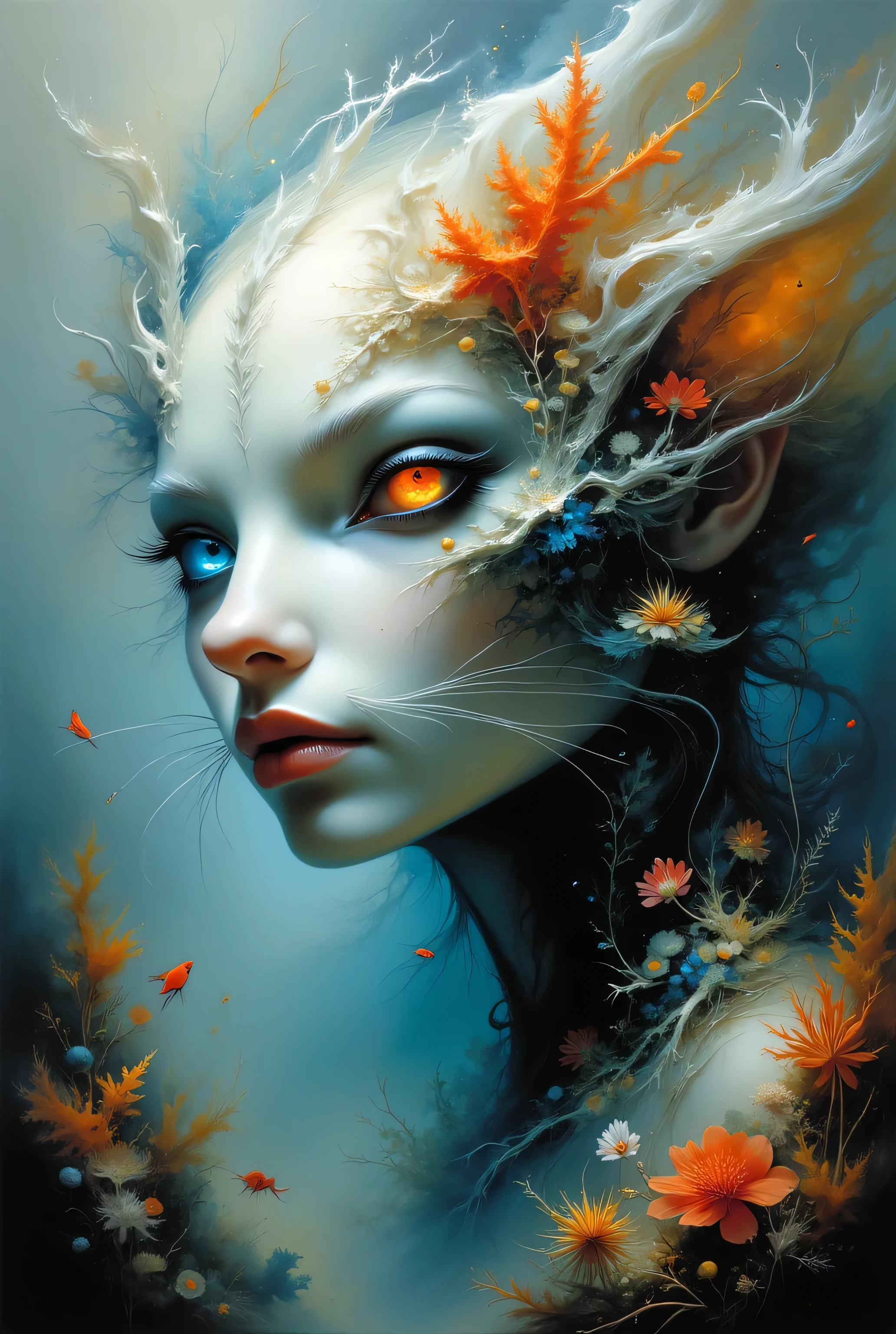 Surreal painting of a creature's face blending into a breathtaking white coral landscape, his head encapsulating a living scene from the deep sea, holographic eyes shimmering with ethereal light, ultra realistic,  Dramatic Lighting , very detailed.