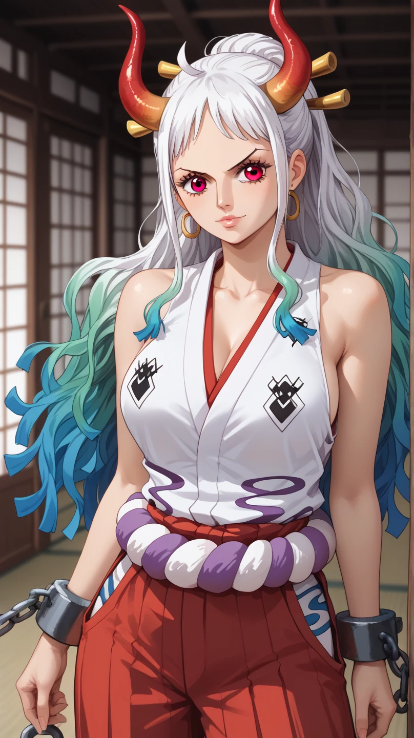 score_9,score_8_superior,score_7_superior,score_6_superior, Yamato \(one piece\), One girl, alone, kimono, Multicolored Hair, jewelry, Earrings, No sleeve kimono, hair ornaments, kimono, Wrapping angle, Long Hair, They are, superiorper body, smile, rope, chest, Hairpin, No sleeve, shimenawa, White Background, Mouth closed, hoop Earrings, Bare shoulders, Simple Background, ponytail,1 woman, skirts, (show off g-string detailed pantie), (hands skirt lift), from front, cowboy shot, BREAK annoyed,shoot from below