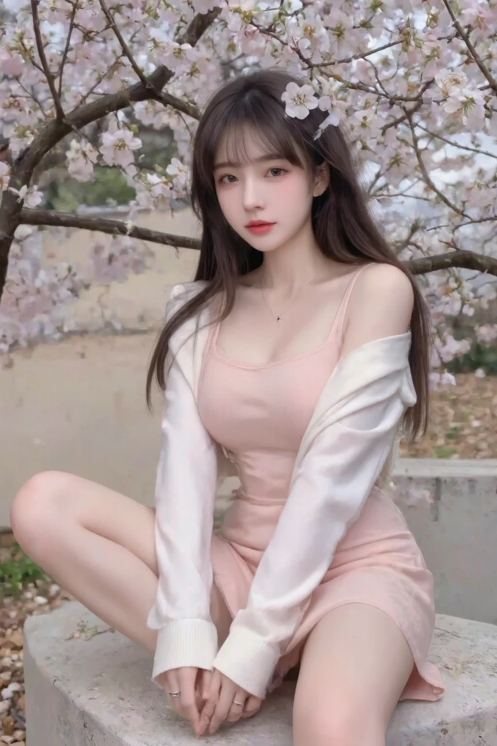 (((masterpiece:1.4, highest quality:1.4, 8K, ultra high resolution, Physically based rendering))), full body portrait, super beautiful sexy woman, Perfect style and figure, 24-years-old, (beautiful big eyes), thin eyebrows, Highly detailed face and skin texture, clear focus:1.2, cleavage, Sexy waist(( my nipples are erect:1.2)), , clear facial features,, (((gray knit dress, Release both shoulders, dress lift:1.4, :1.4, thin and long))), (Transparent black stockings), pink nipples、breasts pointing upward、(((Detailed beautiful pussy exposed:1.4, :1.5))),pubic hair、 ((( Cloudy liquid drips down her thighs:1.5, spread your pussy:1.2,))), (smile:1.3, blush:1.2, ), (stand with legs apart:1.4), (from below:1.1), (looking at the audience:1.1), ((beautiful night view:1.4)), ((Cherry blossoms blooming at night:1.4)), ((Cherry blossoms at night:1.4, Patio Seating, lanthanum, warm light)), (Scattering cherry blossoms, SakuraFubuki:1.4), (Sakura Snow:1.4), (starry skies:1.3), (Surrounded by blooming cherry blossoms), (Background full of cherry blossoms:1.4),