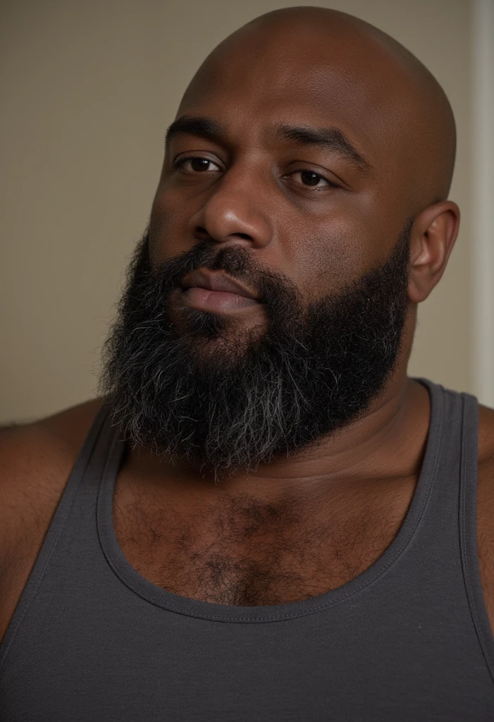 an extremely overweight fat and very hairy black old naked man sits in a white room. He is shown in full from head to toe and can be seen from an angle from the side. He looks very unkempt and has a very large penis. It looks very realistic.