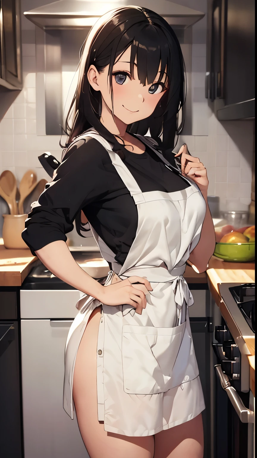 (dynamic angle:1.3, front view:1.1, breast focus:1.3, from above:1.1), (dynamic posing:1.2, sexy posing:1.2), (seductive smiling:1.3), ((holding Pasta on a plate,Taking the pasta out of the pan, worried about the outcome:1.2)),highest quality、(real、photorealistic:1.4),(ultra high resolution, 8K RAW photo, clear focus), best qualtiy, natural lighting, field depth, (Bright pupils, detailed beautiful eyes, high detailed face), Red lip, (tight focus:1.2), a girl 22yo old, Wearing a pastry chef uniform:1.3 , Thicc, thin breast, long hair, blue eyes,garter stocking, cleavage:1.2, midriff, black shorts, black thighhighs, thigh strap, pretty girl, (highly detailed beautiful face and eyes,firm breasts),real skin,((black,hair,long pony tail hair)),thin pubic hair,cute,lovely, detailed eyes,(double breasted:1.0,under bust:1.0),(with sparkling eyes and a contagious smile),open mouth, Looking at Viewer,A scene of make cooking Carbonara Pasta in the kitchen