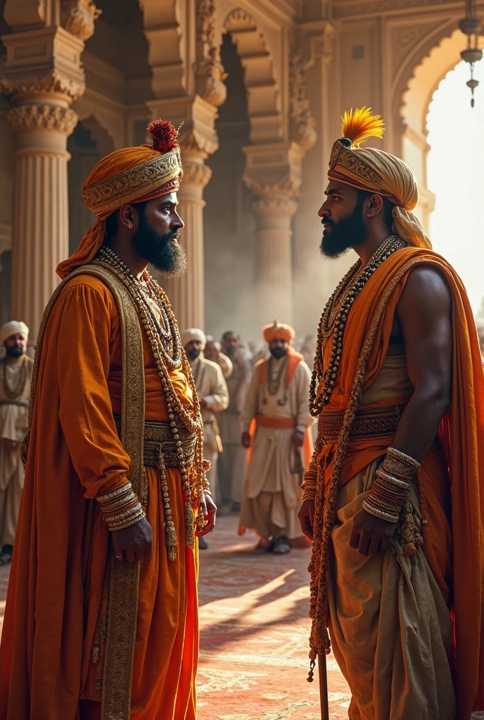 In the midst of a vast desert, an elderly woman engages in a conversation with two Rajput princes outside a grand, beautiful palace. The palace stands as a majestic oasis amidst the arid landscape. The princes, both strikingly handsome with strong builds and impressive mustaches, listen intently. Their regal presence and powerful physiques contrast with the serene wisdom of the old woman, creating a scene that blends age-old tradition with the timeless beauty of the desert setting.
