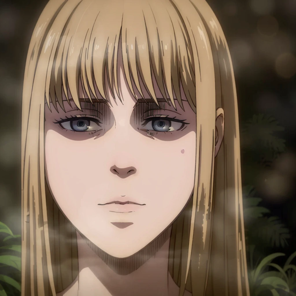 Blonde anime girl half human half wolf, green eyes, completely naked lying on the ground in a forest, scared and screaming