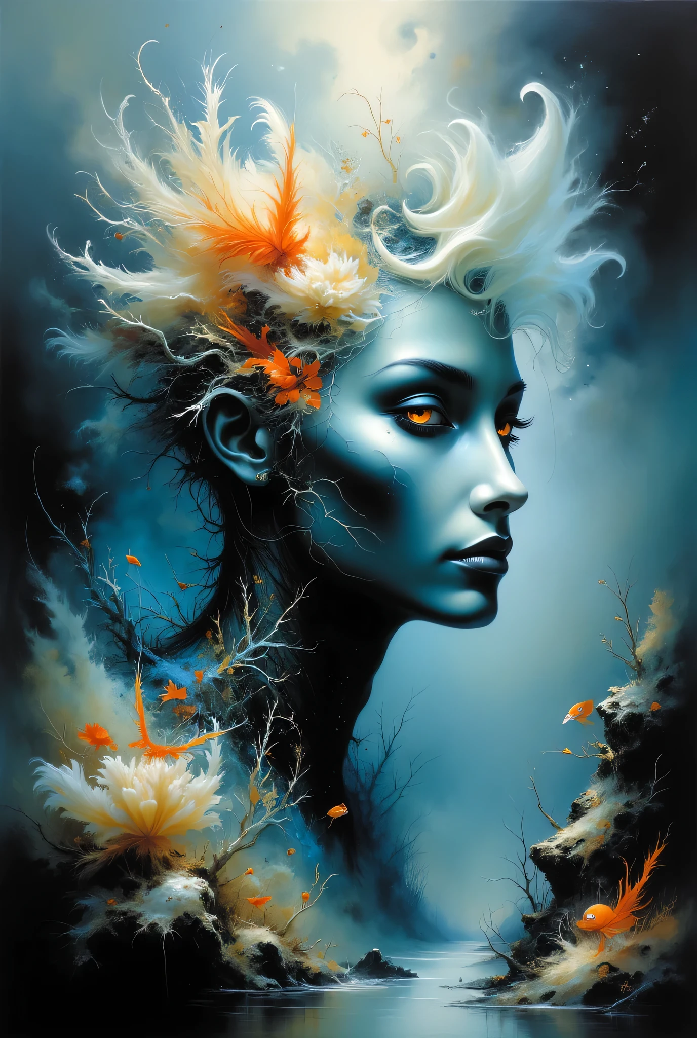 Surreal painting of a creature's face blending into a breathtaking white coral landscape, his head encapsulating a living scene from the deep sea, holographic eyes shimmering with ethereal light, ultra realistic, Dramatic Lighting , very detailed.
