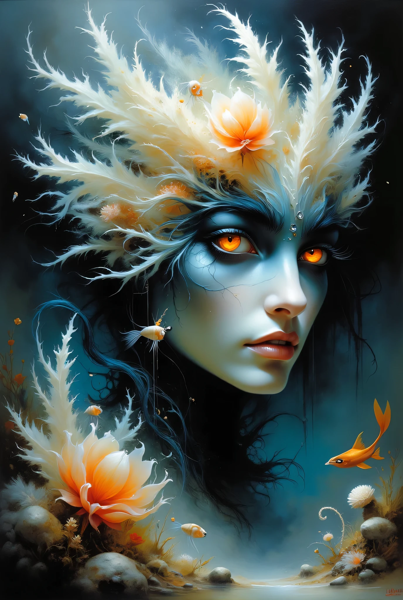 Surreal painting of a creature's face blending into a breathtaking white coral landscape, his head encapsulating a living scene from the deep sea, holographic eyes shimmering with ethereal light, ultra realistic, Dramatic Lighting , very detailed.