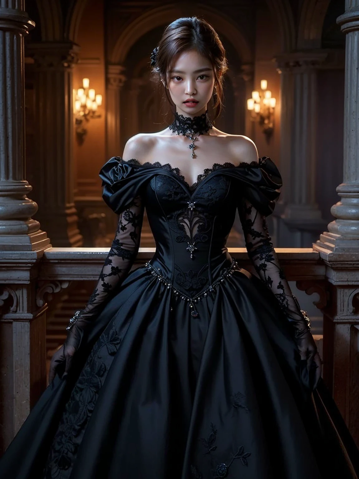 An highly detailed ultra realistic photo style of a girl in a Gothic Lolita cheongsam with lace and dark velvet fabric. She has dark, flowing hair with red ribbons, and her eyes are mysterious and haunting. The background is a dimly lit room with gothic furnishings and candlelight, creating a dark and elegant atmosphere
