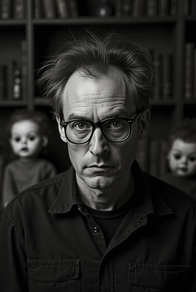 Create a black and white image with an antique tone, showing a young American man of 18 years old wearing round glasses with clear lenses, dressed in a suit, and a mysterious figure with a face similar to the 'Slappy' doll. Both are smiling as they have breakfast in a kitchen with 1940s atmosphere and furniture..