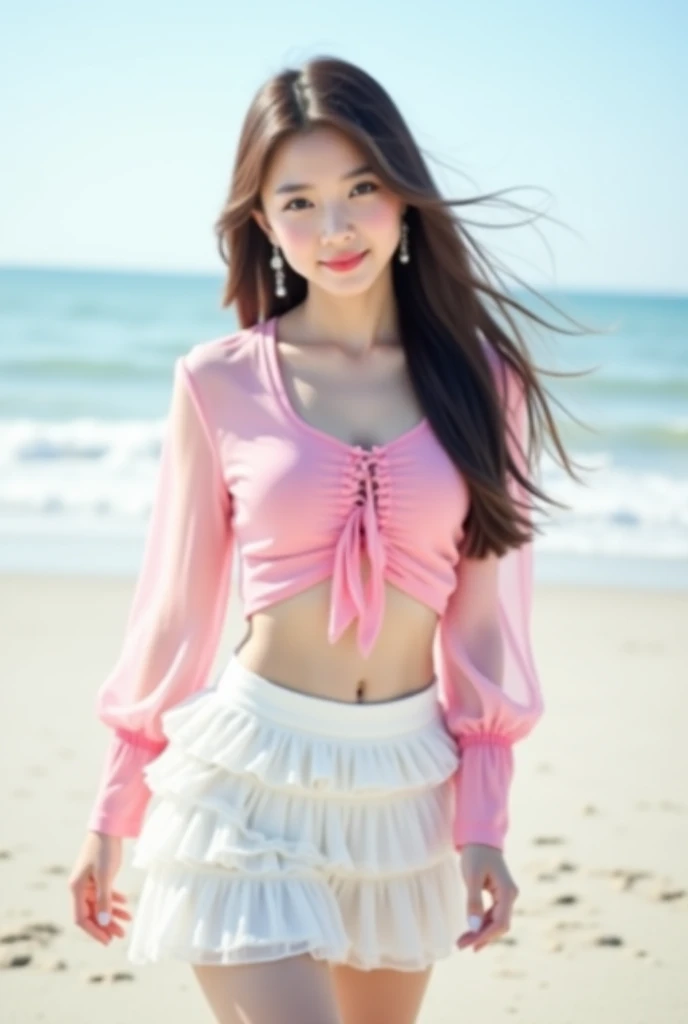 (Sexy: 1.1), 1 Girl, White openwork belly pocket, Blue light tulle, short skirt, open shoulders, navel, breast_focus, realistic skin, realistic detailed fingers, realistic face shape, (sweating: 0.8), (gloss: 0.6), detailed eyes, looking into the distance, makeup, lip pencil, wing eyeliner, hoop earrings, peach blossoms, lakeside, 8k resolution concept art, portrait, power light effects, WLOP, dynamic lighting, super detail, intricate details, splash art, artstation trend, ternary, unreal engine 5, volumetric lighting,