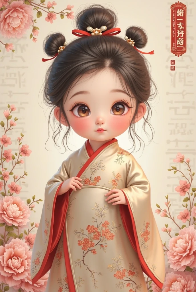 Alafeld Asian girl in pink dress standing on the ground with her hands folded, Palace , A girl in Hanfu, Guviz, Chinese girl, Very cute and childlike, cute cute, Cute Pocelain doll, Guviz-style artwork, lovely digital painting, Cute and lovely, Hanfu, beautiful pink little girl,Pure eyes,With a smile