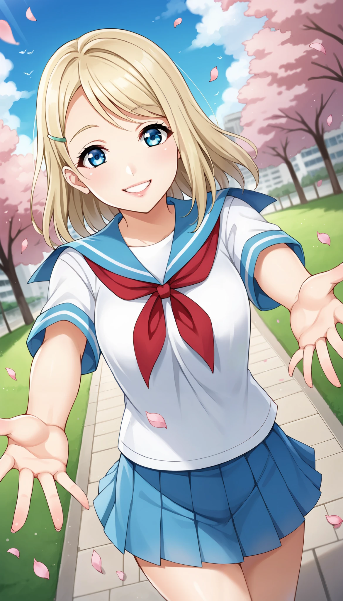 score_9, score_8_up, score_7_up, source_anime, ayase alisa, 1girl, blue eyes, long blonde hair, hairclip, serafuku, white shirt, short sleeves, red neckerchief, pleated skirt, blue skirt, looking at viewer, standing, smile, happy, glossy lips, reaching towards viewer, cherry blossoms, park, falling petals, petals, looking at viewer, facing viewer, dutch angle, blue sky, cloud, city, cityscape
