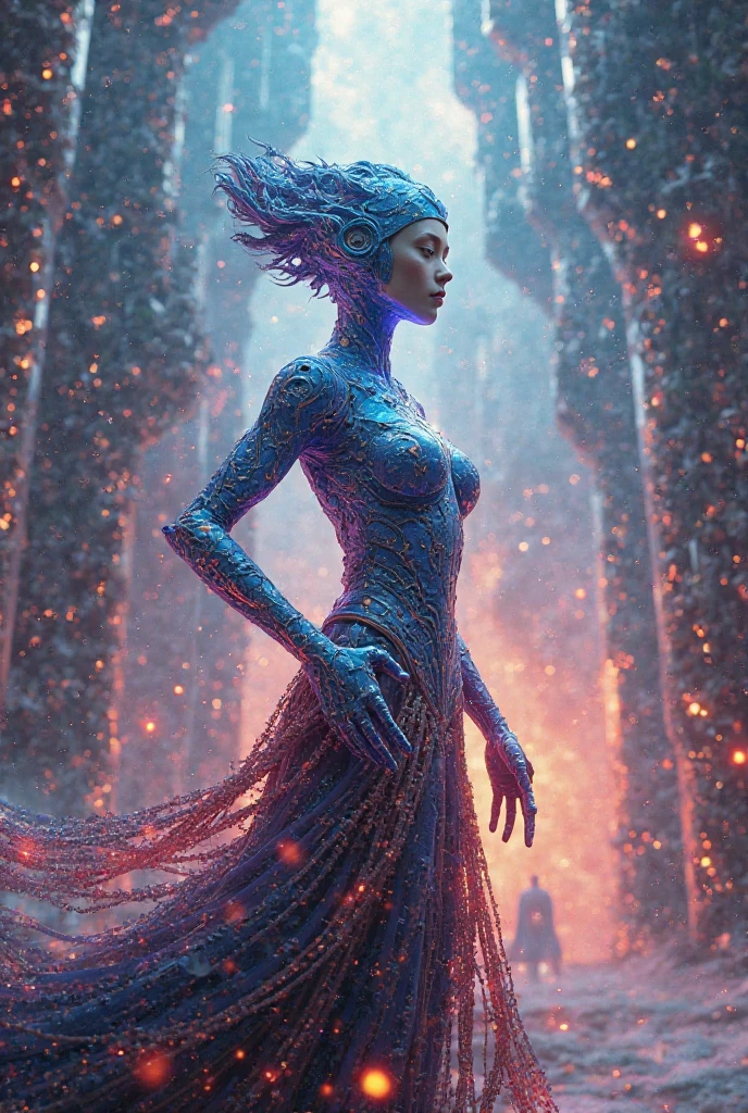 A stunning, ethereal female alien, with iridescent blue skin and long, flowing silver hair, descends from the sky in a burst of glittering, rainbow-colored sparks. She wears a flowing white gown adorned with intricate, glowing patterns that shimmer in harmony with her surroundings. As she steps onto the bustling market place, her eyes sparkle with curiosity, taking in the vibrant colors and lively atmosphere of the stalls and vendors. The market is filled with a diverse array of alien species, each with their own unique features and customs, all gathered to celebrate the intergalactic festival of unity and cooperation. The air is filled with the sweet scent of exotic fruits and the sound of lively music, as the female alien explores the stalls, sampling the local delicacies and marveling at the wondrous sights and sounds of this intergalactic gathering