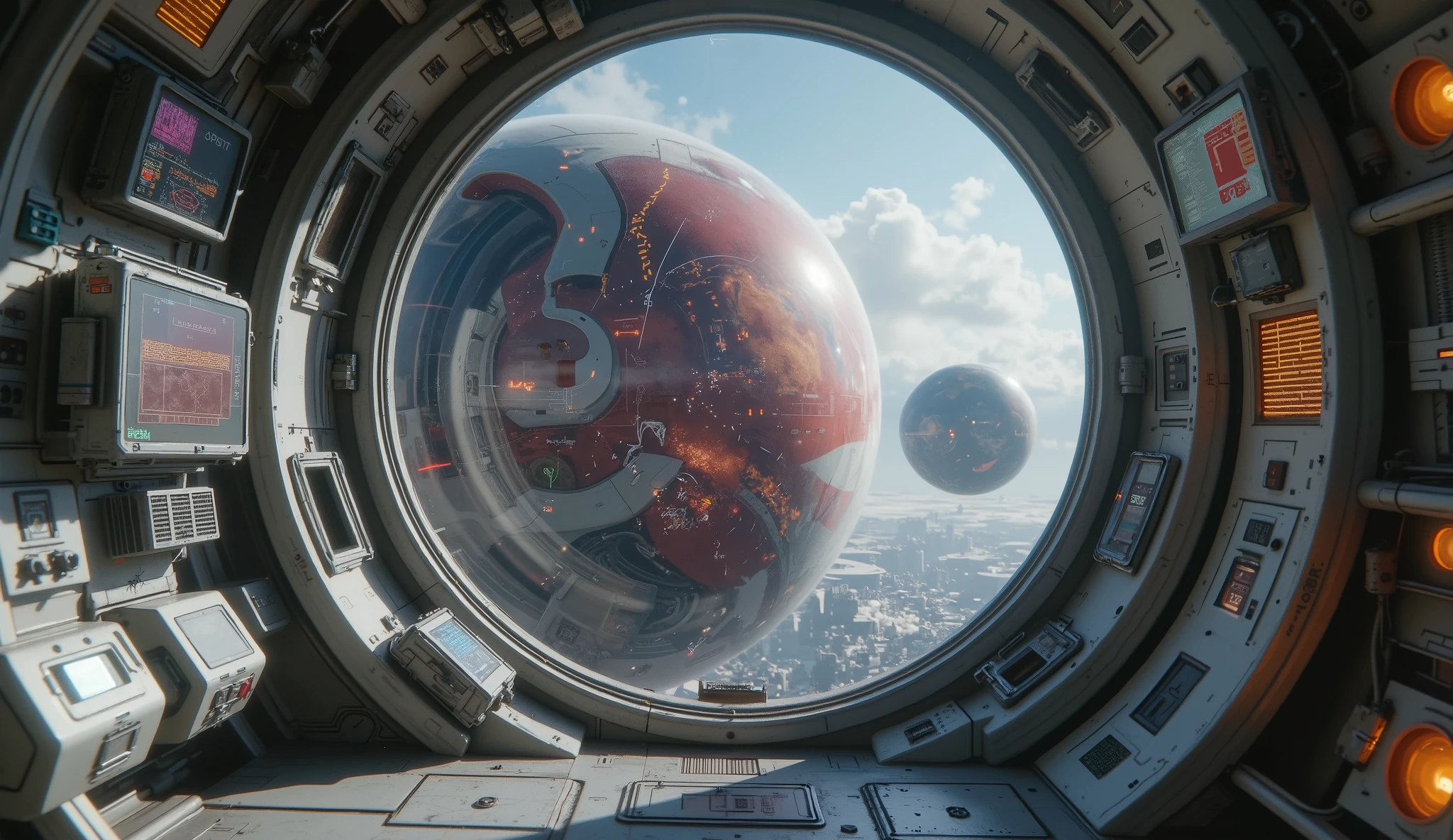A futuristic space station with a circular lock where you can see the atmosphere of a reddish planet, detailed, there are no people , only the space station, advanced technology , neon lights, shiny consoles, cinematic lighting, vibrant colors, science fiction, digital art, octane rating, epic lighting, 8K, Photorealistic