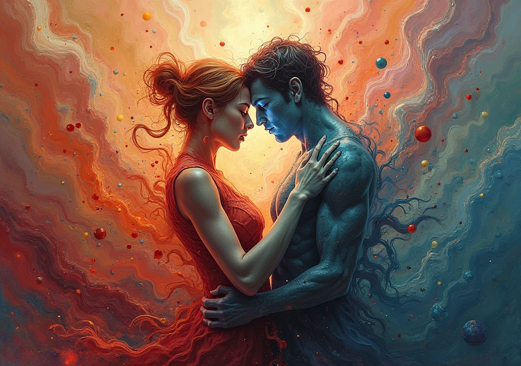 (Fusion of Man and Woman:1.4), depicted in an Abstract art style, (the fusion blends masculine and feminine forms into an intricate, flowing composition of shapes and colors:1.2), (the figures are represented through a combination of bold, geometric shapes and smooth, fluid lines, merging seamlessly:1.2), (the color palette includes vibrant reds, deep blues, and rich purples, creating a dynamic and harmonious visual experience:1.2), (the background features abstract patterns and textures that enhance the fusion concept, with elements like swirling forms and intersecting lines:1.2), (the overall composition is balanced yet fluid, showcasing the unique integration of male and female characteristics in a visually captivating manner:1.2), (perfect image quality:1.4), (intricate details in the abstraction of forms and colors, capturing the essence of fusion and unity:1.2), (the image evokes a sense of connection and fluidity, presenting a sophisticated and imaginative representation of gender fusion:1.2)