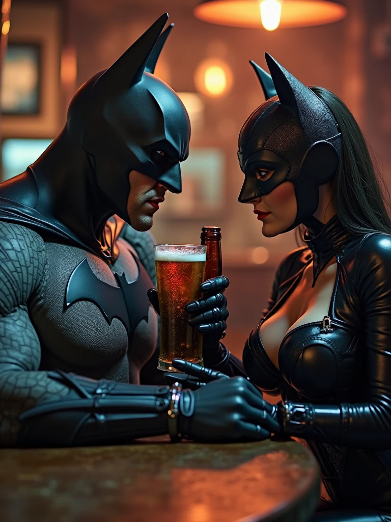 a realistic maximalist photo of Batman and Spider in a bar angry at each other they both throw and poor their stein of beer on each other’s faces. beer mess everywhere, drenched in beer