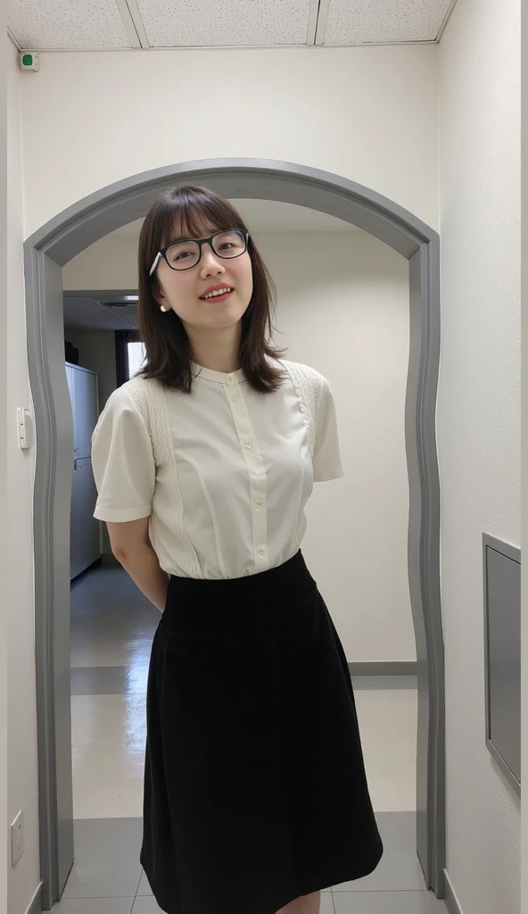 1 female,beauty,20th Generation，Small glasses,Beautiful Face,smile,,Wearing a white sleeveless turtleneck sweater,A dignified appearance,Plump Style,(Big and ample breasts:1.3),Focus on the chest,View from above,Front view,Ultra-realistic,Ultra-high resolution,highest quality,8k,masterpiece,(Shot in the hotel room:1.3)