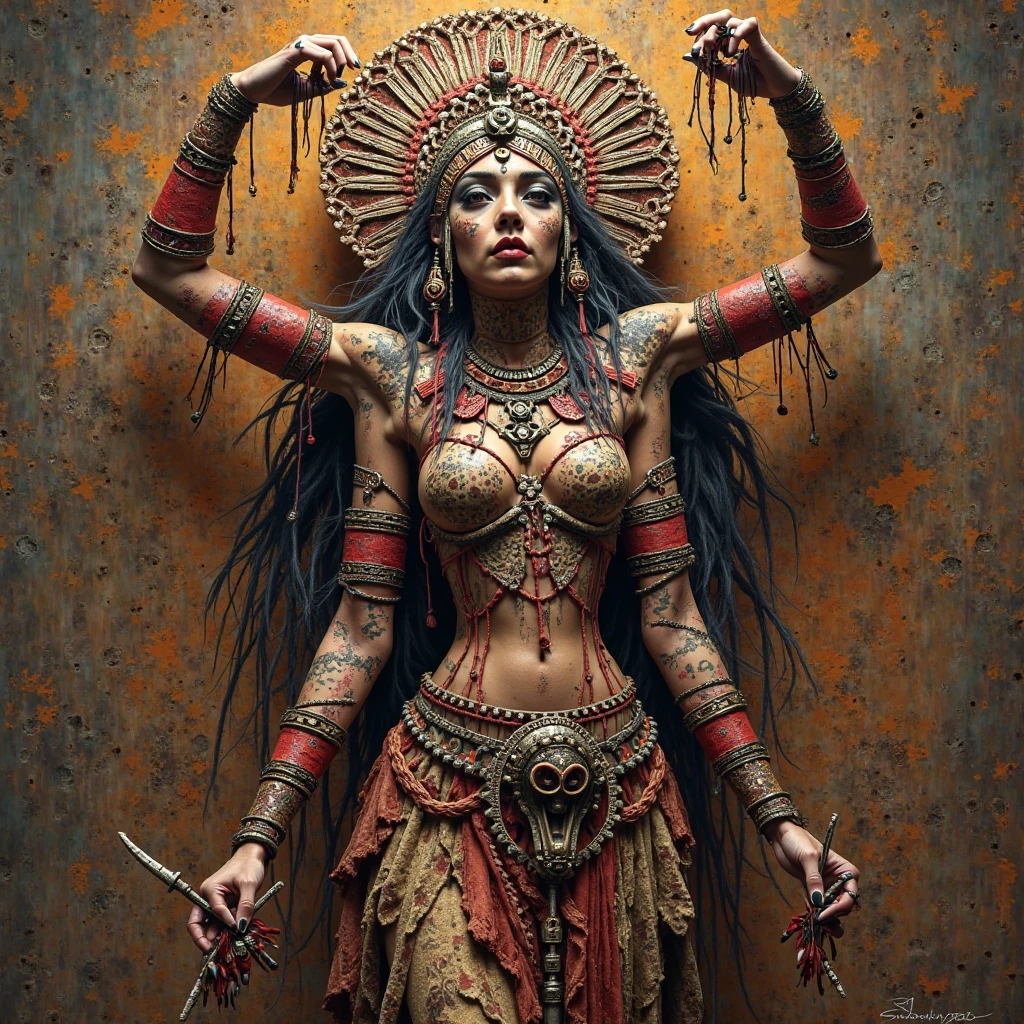 Kali, indian goddess, female figure, dark skin, four arms, holding weapons, fierce expression, detailed face, ornate headdress, necklace of skulls, standing on Shiva, Hindu mythology, digital painting, cinematic lighting, dramatic colors, moody atmosphere, photorealistic, 8k, highly detailed, masterpiece