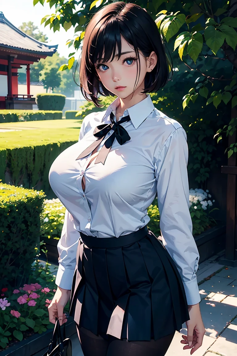 (masterpiece, best quality, ultra detailed, absurdres)1.5, 1girl, (sexy, beautiful woman, perfect face, perfect eyes, perfect female body, huge breasts)1.5, (nobara kugisaki, bob cut, brown hair, lips, short hair, belt, brown belt, brown pantyhose, crop top, crop top overhang, JUJUTSU TECH UNIFORM, jacket, gakuran, pantyhose, pleated skirt, shirt tucked in, skirt, blue skirt, blue crop top, ), (standing in the Park