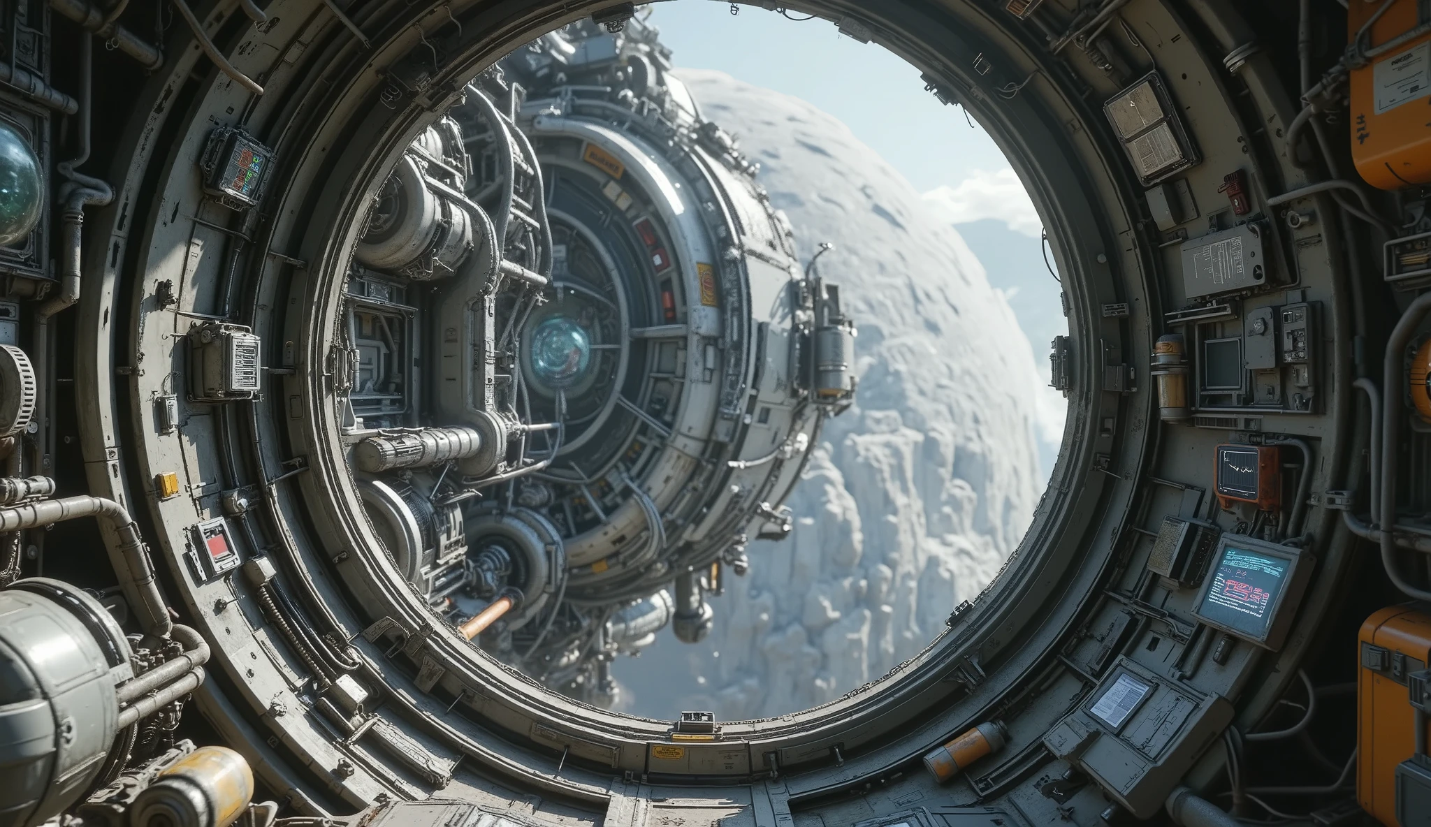 ( interior of a spaceship. The spaceship is dark, with an intricate design , devices and wiring in its walls. It has a window that shows the Earth full of no life. It's dusty and its sky is gray.