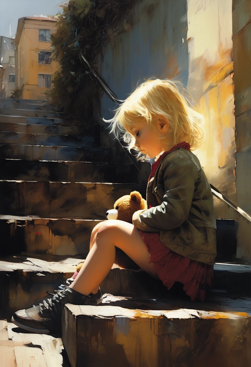 An adorable and sad little orphan girl with smooth blonde hair, holding a fuzzy teddy bear, sitting on the steps staring off into the city, waiting, urban city, rural urban, afternoon, insanely detailed matte painting with rough paint strokes and textures, by Conrad Roset, Pino Daeni, Jeremy Mann, Alex Maleev, Carne_Griffiths, 16k resolution, oil on canvas, fine art, dramatic light, sharp focus