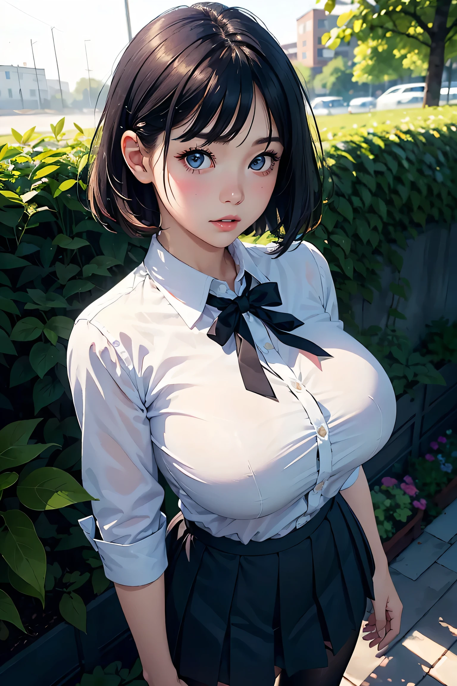 A age girl、(masterpiece:1.4)、(in 8K、realisitic、Raw photo、top-quality:1.4)、(Real Face:1.4)、(real looking skin:1.3)、超A high resolution、A hyper-realistic、Eyes in Beautiful Details、Black shorthair、耳环、White collared shirt、bow ribbon、White underwear、Dark blue pleated skirt、(huge-breasted:1.5)、gargantilha、Blushing、alluring face、Troubled look、Inside the hotel room、to stand