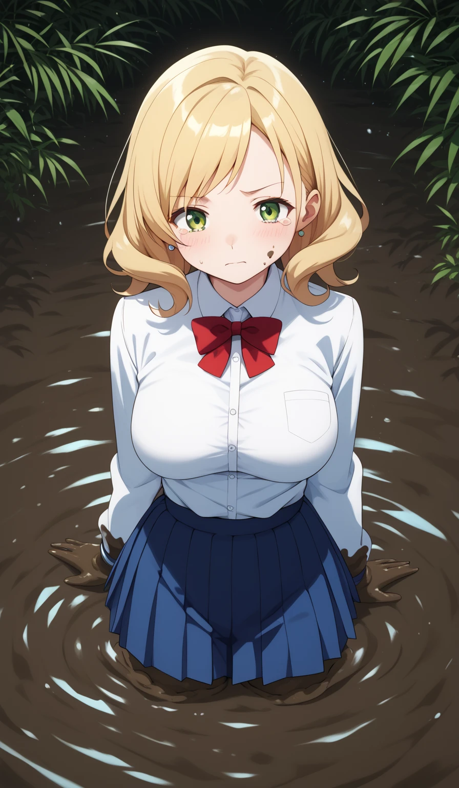 masterpiece, best quality, detailed beautiful face and eyes, very detailed background, Mami Tomoe, megami magazine, medium blonde hair, large breasts, 1girl, white button-up shirt, standing, pleated black miniskirt, upset, tears in her eyes, (sinking in mud, partially submerged)