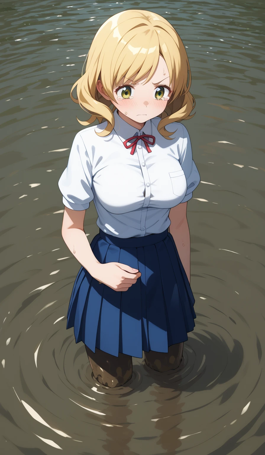 masterpiece, best quality, detailed beautiful face and eyes, very detailed background, Mami Tomoe, megami magazine, medium blonde hair, large breasts, 1girl, white button-up shirt, standing, pleated black miniskirt, upset, tears in her eyes, (sinking in mud, partially submerged)