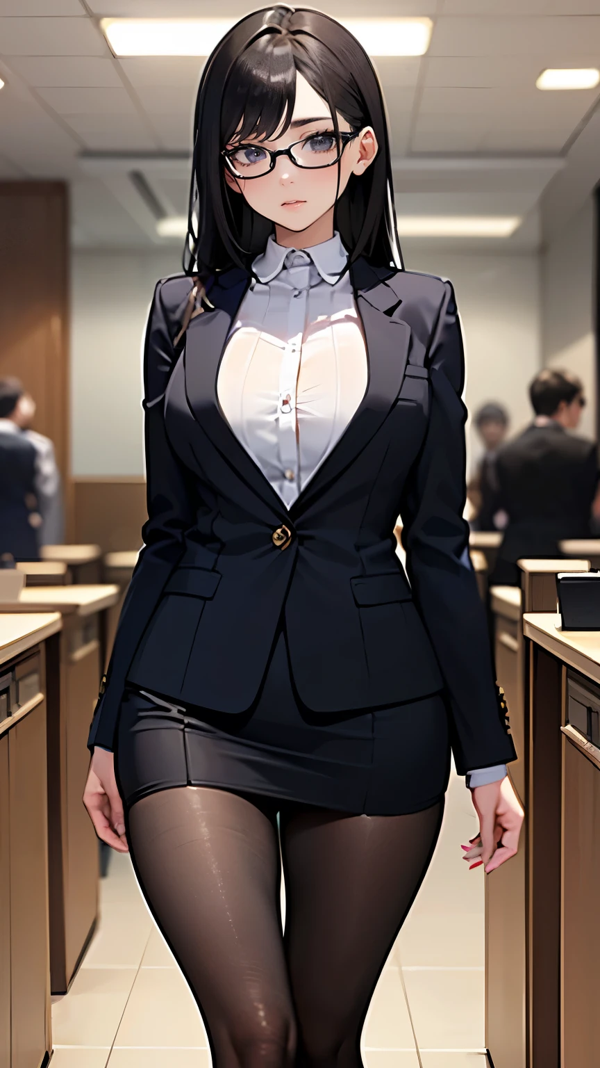 Executive in an office, power suit, tailored blazer, pencil skirt, professional, confident posture, modern office setting, natural light, keyboard, laptop, businesswoman, workplace, chic heels.
