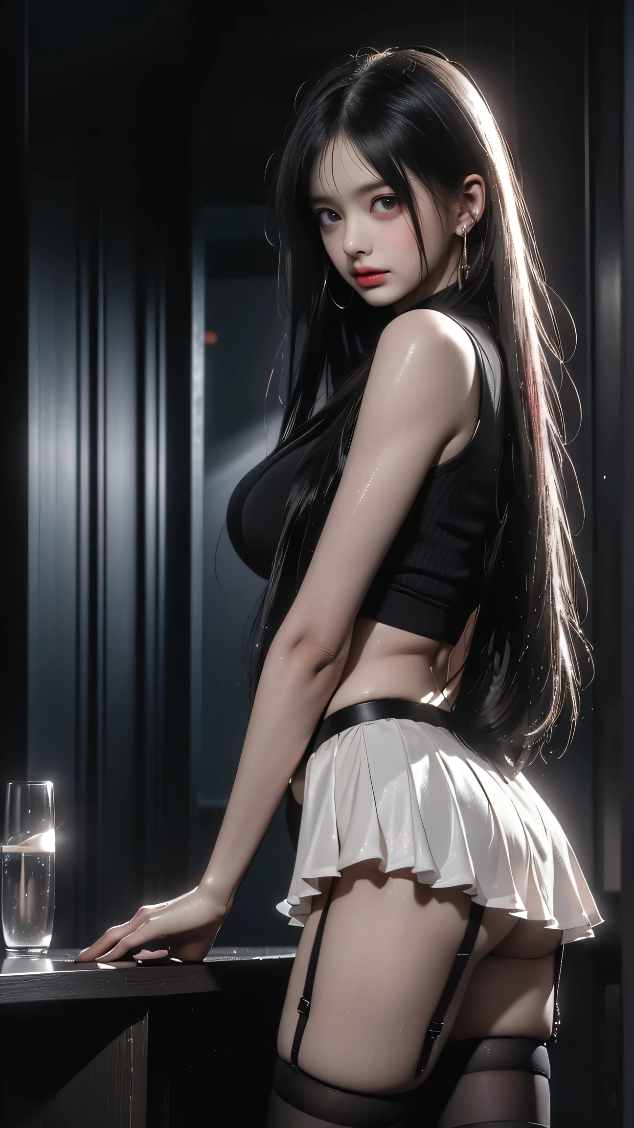 Photorealistic, Ultra realistic, 16k, high quality, cinematic lights, dream atmosphere, dream aesthetic, 1girl, korean hot model (kpop superstar), tall, black hair, realistic silky hair(red), cute pale-turquoise eyes (shiny look), long flowing hair(realistic), gothic makeup, pale-white skin illuminated, realistic textured skin, realistic shading, tall, alternative outfit, cleavage, large natural breasts, (black crop top:1.2), bare shoulders, black midriff, black miniskirt, realistic textures, belt, 16k resolution, detailed face and eyes, muscular female body, strong arms, lean belly, big hips, muscular thighs, thick legs, full body, realistic, style-paintmagic, different positions at different types of angles. 
