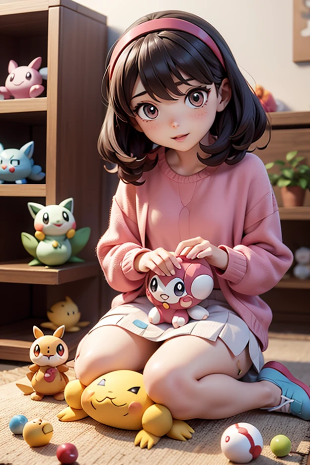 "A delightful scene featuring a in a kawaii-themed room filled with Pokémon decorations. The warm, cozy atmosphere is perfect for an enchanting painting or photograph that captures the essence of childhood wonder.