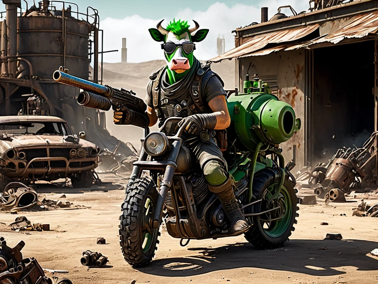 A highly detailed post-apocalyptic scene inspired by Fallout and Mad Max. The main character is a cow with a wild green mohawk and sunglasses, embodying the persona of a mad military scientist. The cow is in the midst of action—either aiming a makeshift firearm in a VATS-style pose (inspired by Fallout) or setting up an intricate mechanical trap. The background features a chaotic wasteland filled with rusted, heavily modified motorcycles and war machines, scattered debris, and remnants of civilization. The scene has a gritty, dieselpunk aesthetic with a dusty, irradiated atmosphere, emphasizing the brutal and lawless nature of the world.