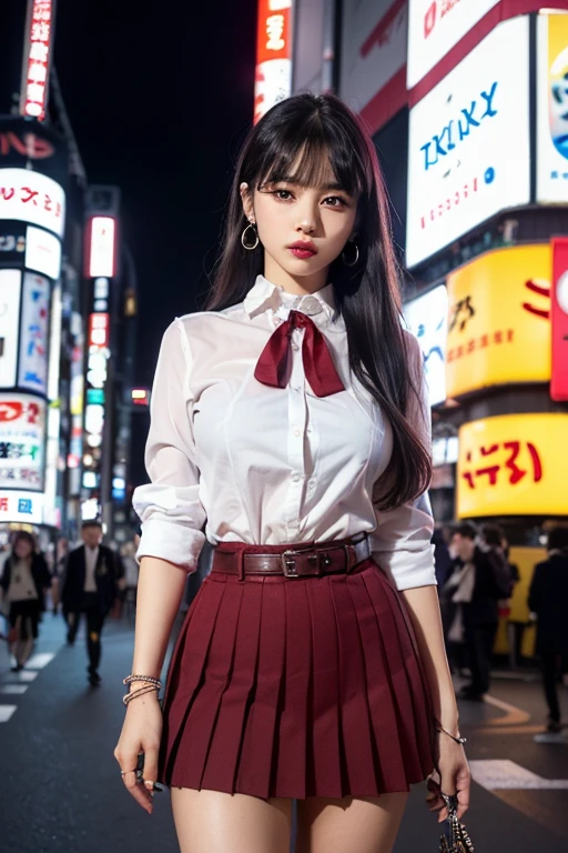 Ultra top quality, masterpiece, ultra high resolution, (photorealistic: 1.4), highly detailed CG Unity 8k wallpaper, detailed and complex, original, high resolution, raw photo, (perfect body shape), fine and complex, DSLR, soft lighting, high quality, film grain, depth of field, FUJIFILM XT3, 50mm lens, backlight, HDR, hyperreal, color grade, dynamic pose, portrait, Japan person, smile, lips, bangs, (crowded akihabara: 1.2), front view viewer, natural light, girl, 20 years old, full body, solo, student, high school, uniform, sailor color, bobby socks, pleated skirt, daytime, on the street, deep shadow, cute, beauty, discreet, cold light 12000K\\ street, store status, Akihabara, Shinjuku, Shibuya, Ikebukuro, detailed realistic, detail, skin texture, ultra detailed, realistic skin texture, (dramatic, award-winning photos, incredible masterpieces: 1.3)