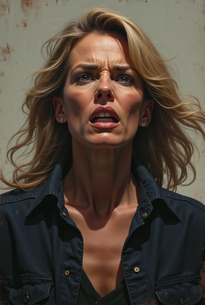 hyperrealistic art cinematic film still lower angle photography in the style of detailed hyperrealism photoshoot . (widehips) Extremely high-resolution details, photographic, realism pushed to extreme, fine texture, incredibly, middle aged frail woman, Middle distance standing cleveage head back screaming, hands by side in fists ((ripped and torn lab coat with green ripped blouse and ripped black pants)),
