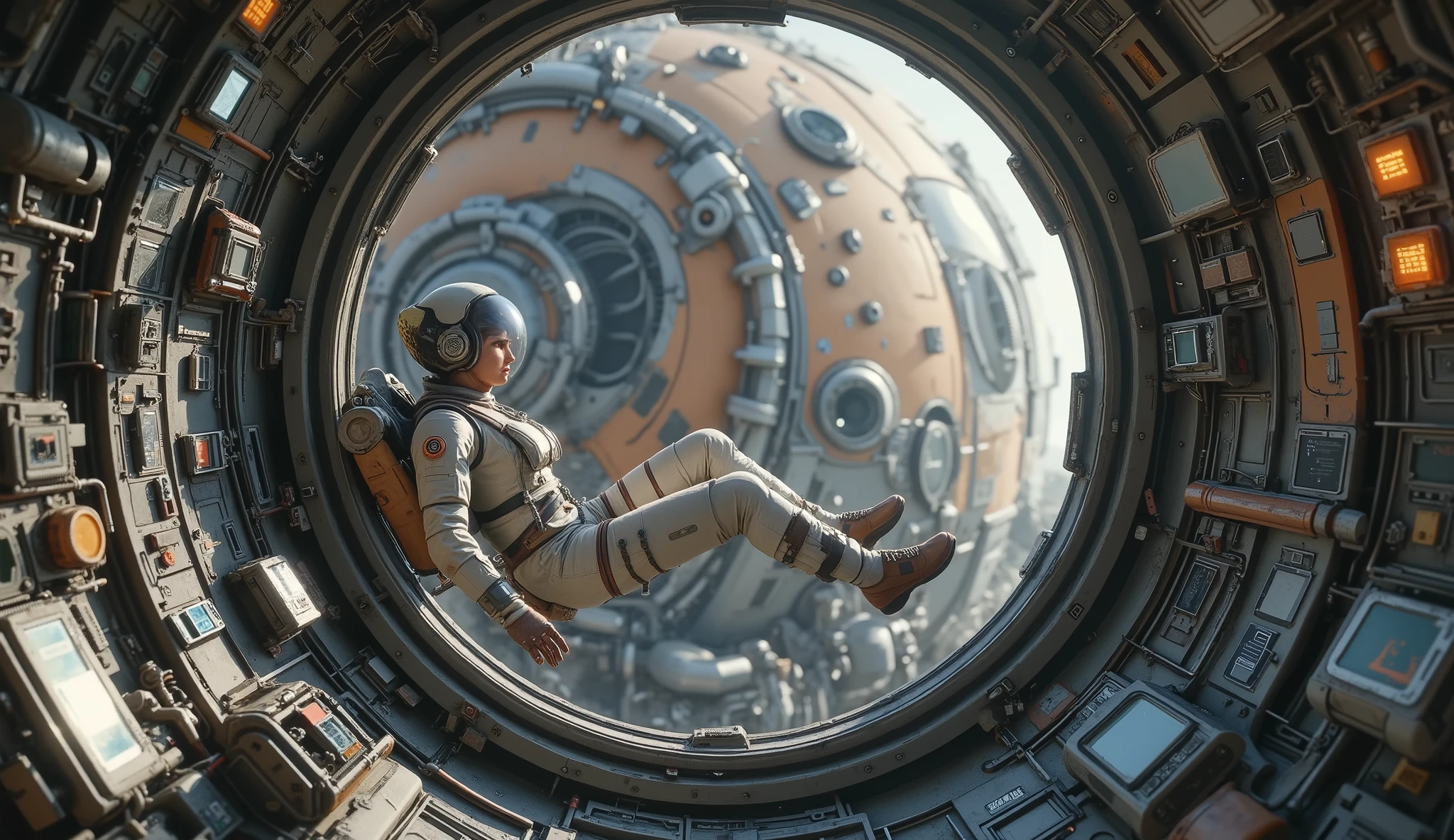 ( interior of a spaceship. The spaceship is dark, with an intricate design , devices and wiring in its walls. It has a window that shows an alien planet, lifeless, you can see the full body of a female astronaut ((very detailed spacesuit)), inside the ship and with your back to the camera that looks out the window floating weightless, It's floating, there is no gravity , the astronaut wears the helmet port, the planet you see It is dusty and its sky is orange.