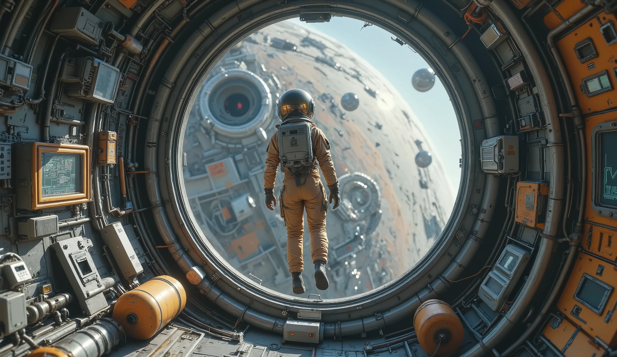 ( interior of a spaceship. The spaceship is dark, with an intricate design , devices and wiring in its walls. It has a window that shows an alien planet, lifeless, you can see the full body of a female astronaut ((very detailed spacesuit)), inside the ship and with your back to the camera that looks out the window floating weightless, It's floating, there is no gravity , the astronaut wears the helmet port, the planet you see It is dusty and its sky is orange.