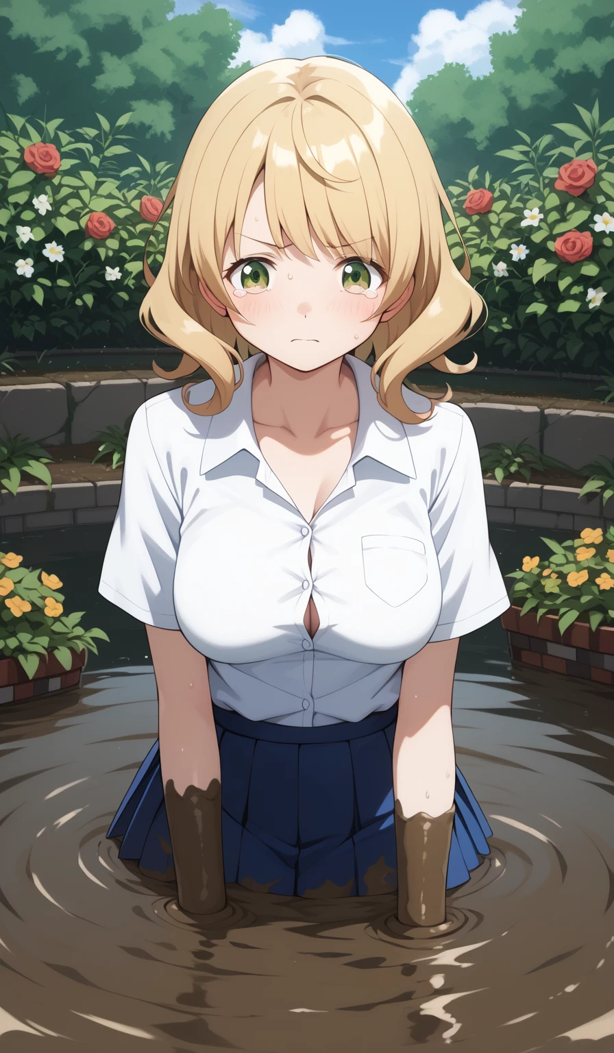 masterpiece, best quality, detailed beautiful face and eyes, very detailed background, Mami Tomoe, megami magazine, medium blonde hair, large breasts, 1girl, (upset, tears in her eyes), garden, (sinking in mud, partially submerged), white button-up shirt, pleated black miniskirt, collarbone
