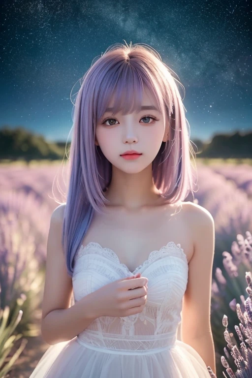 ((Masterpiece, best quality )),(Negative Space :1.4),( 1 girl, Alone:1.4),  beautiful eyes in every detail  , Floating Pastel Pink and Lavender Hair,  lavender eyes , At night, Starry Sky, Shining Star