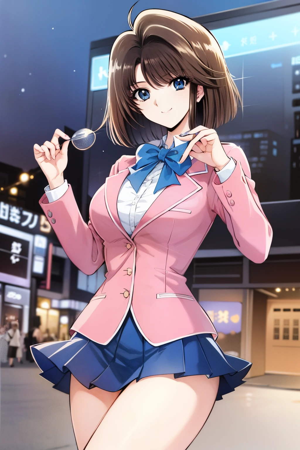 1990s \( style\), 1990s anime cels style, Top Quality , ( big eyes:1.2), 1 girl, , is embarrassing, smile,Big Breasts:1.2), score_9, score_8_ up , score_7_ up 、 masterpiece、 Top Quality, perfect face, 8k, 1 girl, detailed eyes、 beautiful、 detailed background,, full shot,short bob, blunt bangs, Blue Eyes,school uniforms, , pink jacket, blazer, Long Sleeve, white blouse,blue skirt, tight skirt, super miniskirt,pleated skirt, ,slender,busty,viewers next to him、smile,enchanting gaze 、(outdoor) night view, flirty pose,Thigh point of view