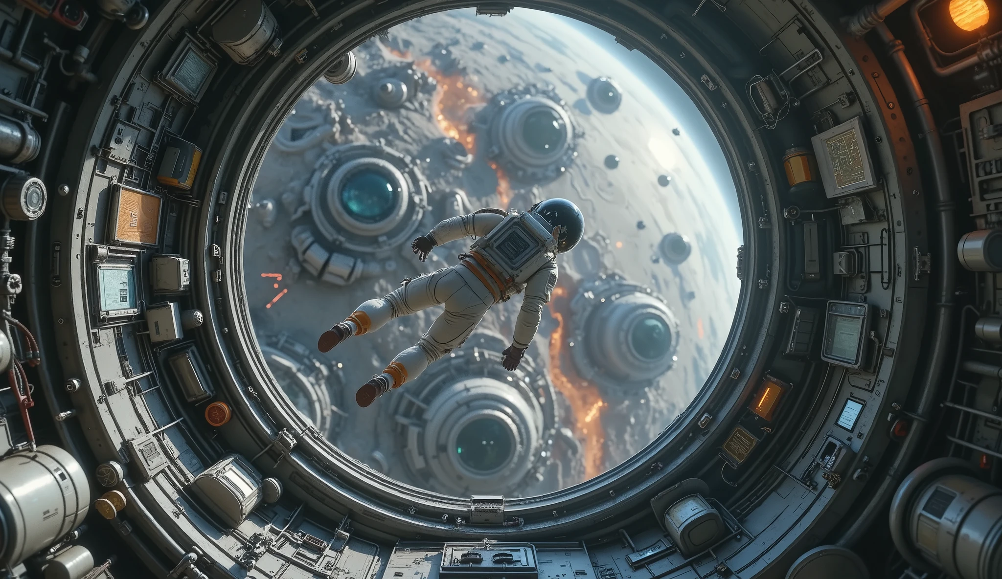 ( interior of a spaceship. The spaceship is dark, with an intricate design , devices and wiring in its walls. It has a window that shows an alien planet, lifeless, You can see the entire body of an astronaut ((very detailed spacesuit)), inside the ship and with his back to the camera looking out the window floating weightless with his arms and legs semi-flexed , It's floating, there is no gravity , the astronaut wears the helmet port, the planet you see It is dusty and its sky is orange.