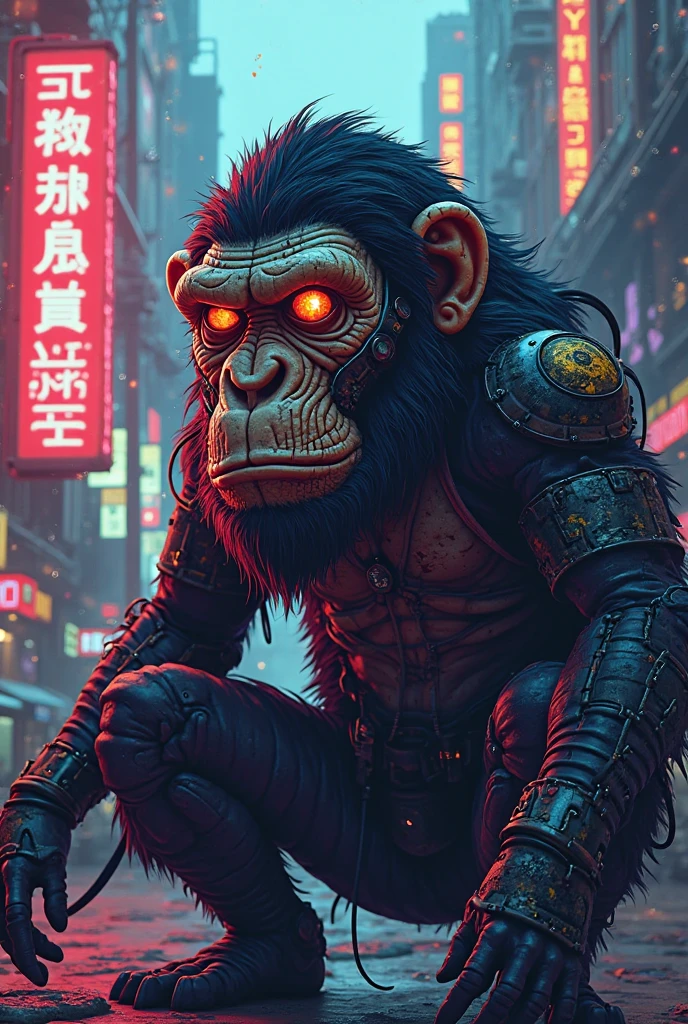 ((best quality)),((ultradetailed)), ((masterpiece)), illustration,
Scene structure: Animal-personified monkey as a gangster, with a monkey face and human body. He has a muscular build and tattoos on his body. He rides a motorcycle in the city, with tall buildings behind him and neon lights flashing.
Prompt composition: Monkey-gangster, animal-personification, motorcycle-riding, tattooed-body, muscular-build, city-scape, tall-buildings, neon-lights