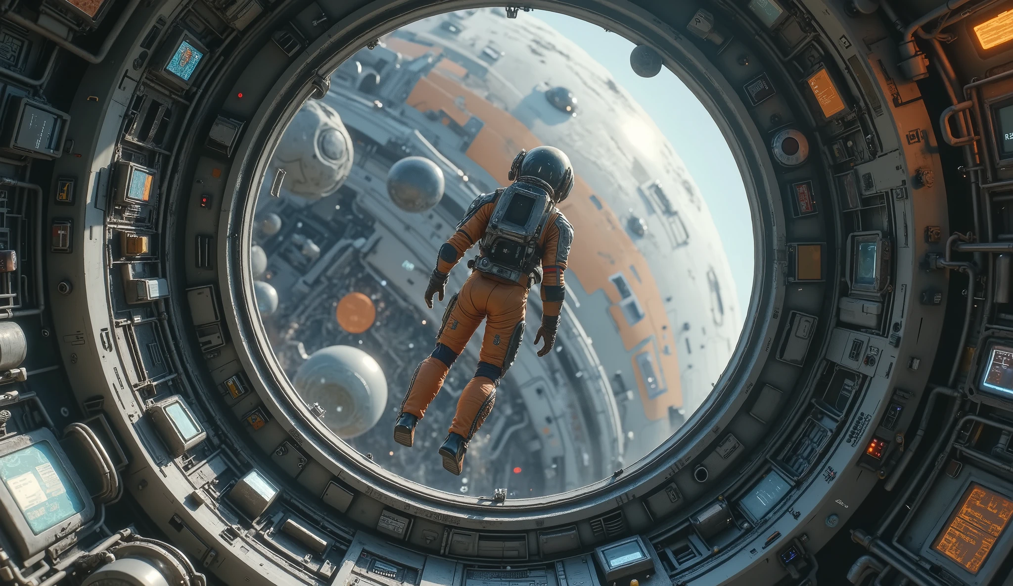 ( interior of a spaceship. The spaceship is dark, with an intricate design , devices and wiring in its walls. It has a window that shows the atmosphere of a planet, lifeless, You can see the entire body of an astronaut ((very detailed spacesuit)), inside the ship and with his back to the camera looking out the window floating weightless with his arms and legs semi-flexed , It's floating, there is no gravity , the astronaut wears the helmet port, the planet you see It is dusty and its sky is orange.