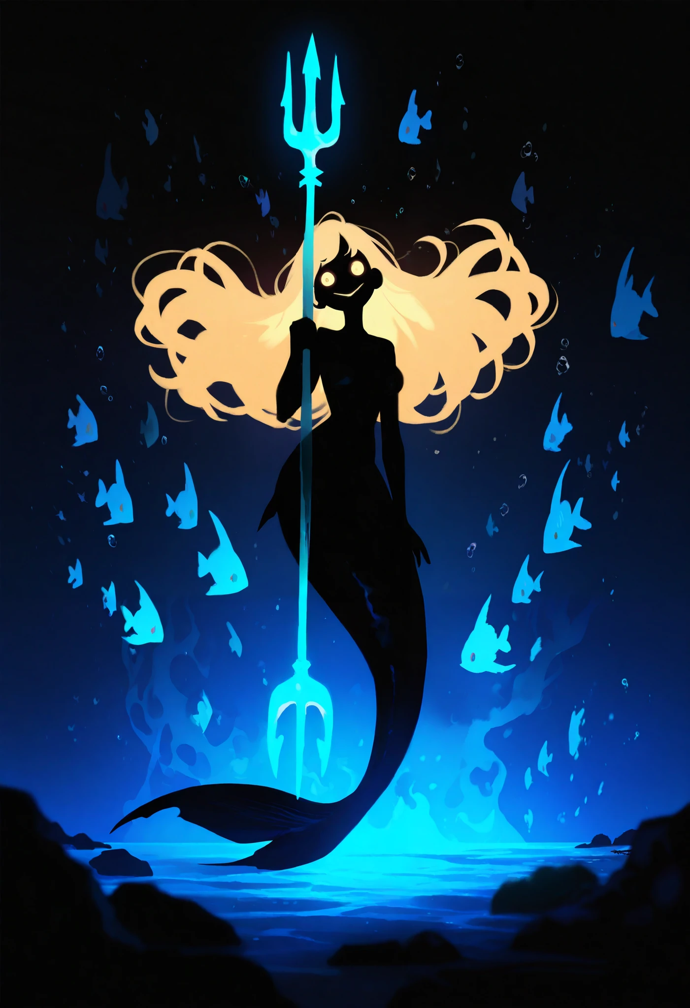 dark fantasy,1girl,Little Mermaid、blonde hair ,long hair,mermaid,holding trident,glowing weapon,(large deep-sea fish about to pounce),floating,curvy
,BREAK yandere,yandere smile,yandere eyes,glowing eyes,dark aura,head tilt,dynamic angle,dynamic action
,BREAK masterpiece, best quality, amazing quality, very aesthetic,absurdres, newest, scenery,highly detailed,high-resolution,focused subject,sharp focus,medium depth of field,slight smile,looking at viewer,clean lines,smooth lines,sharp
,BREAK ,angelfish, fish, bubble,dark blue theme,underwater,water,deep-sea background,Dark Lighting