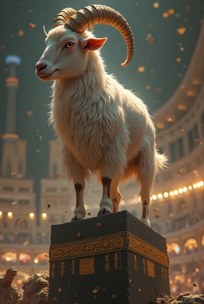 sheep ,happy eid al adha, kaabah, crescent , star, cinematic lighting, reflection light, god rays, UHD, high details, high quality, best quality, highres, 16k, 8k, HD