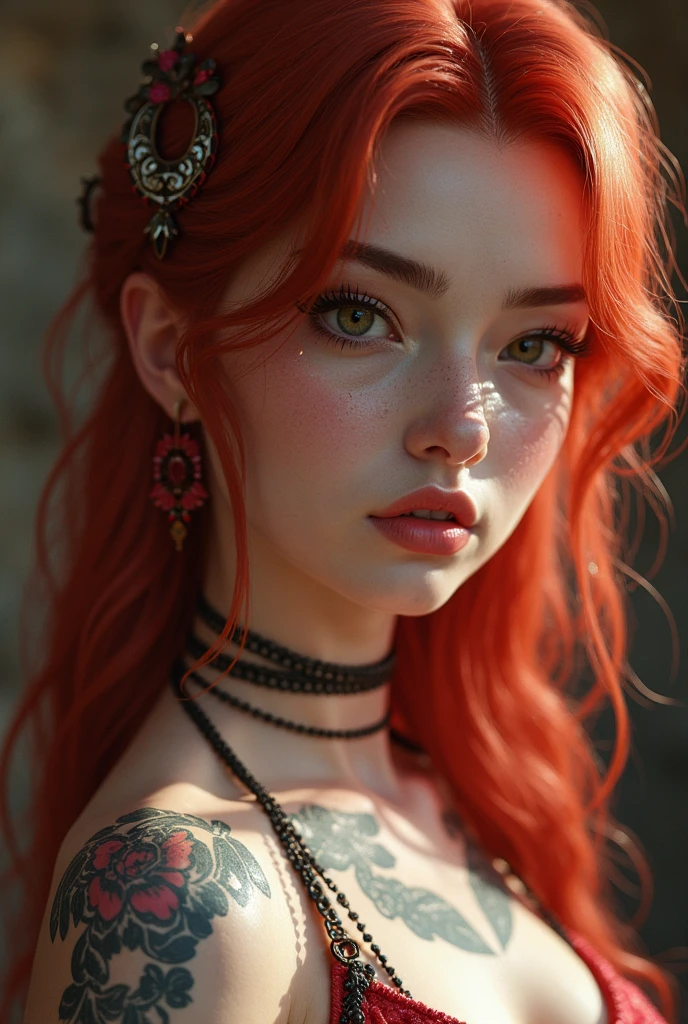 Create redhead woman with green eyes realistic face with tattoos with bows