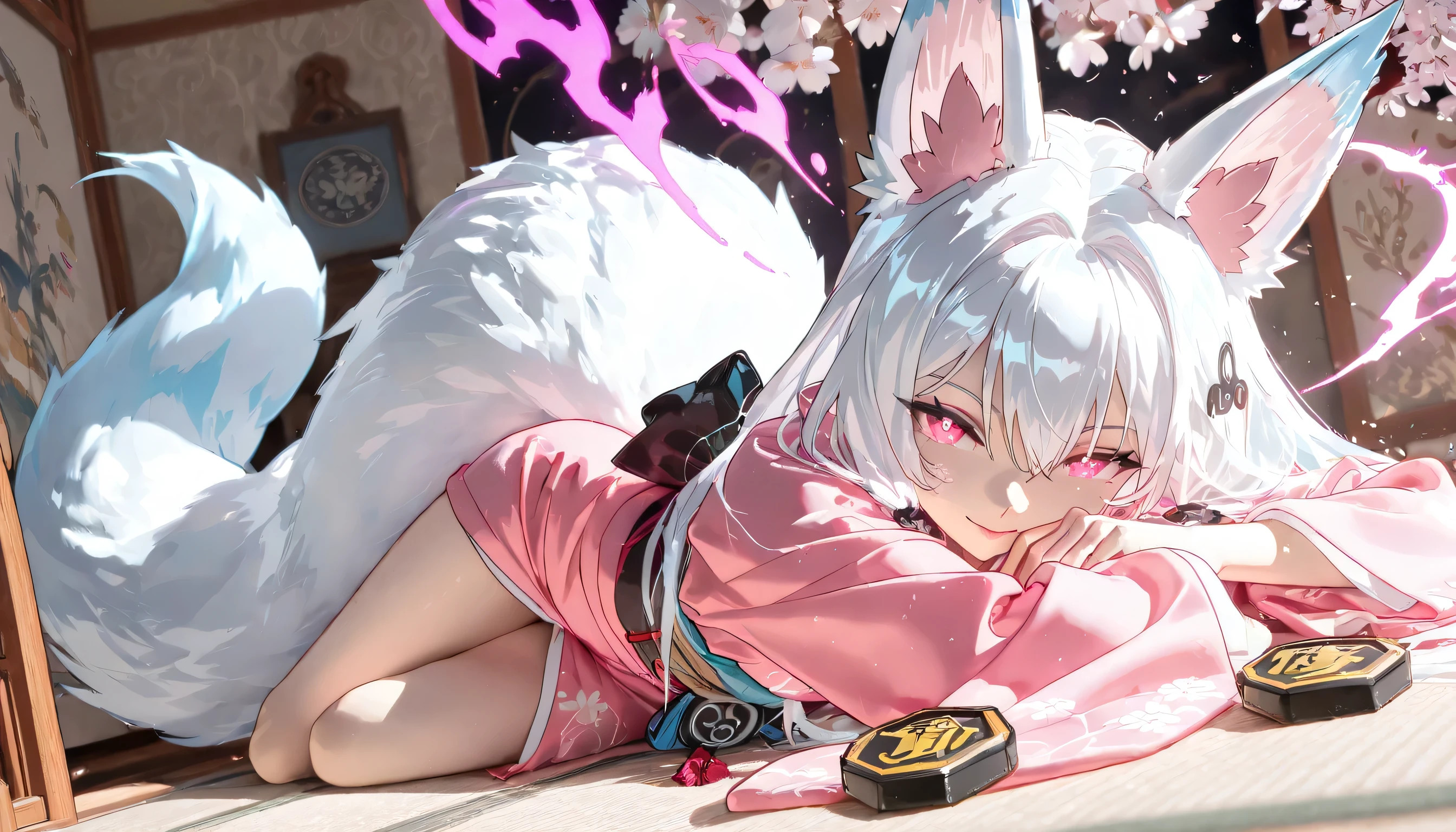 a girl , Fox-eared , white hair with a tail of nine , glowing pink aura , with a stylish pink kimono, assemblage of foxes as background , intricate background , perfect body,japanese painting style,High Resolution, Masterpiece, Award Winning, Anatomically Correct, Best Quality, High Details, High Quality, Super Detailed, Textured Skin, UHD, 3D Rendering, digital art, seductive poses, cherry blossoms,