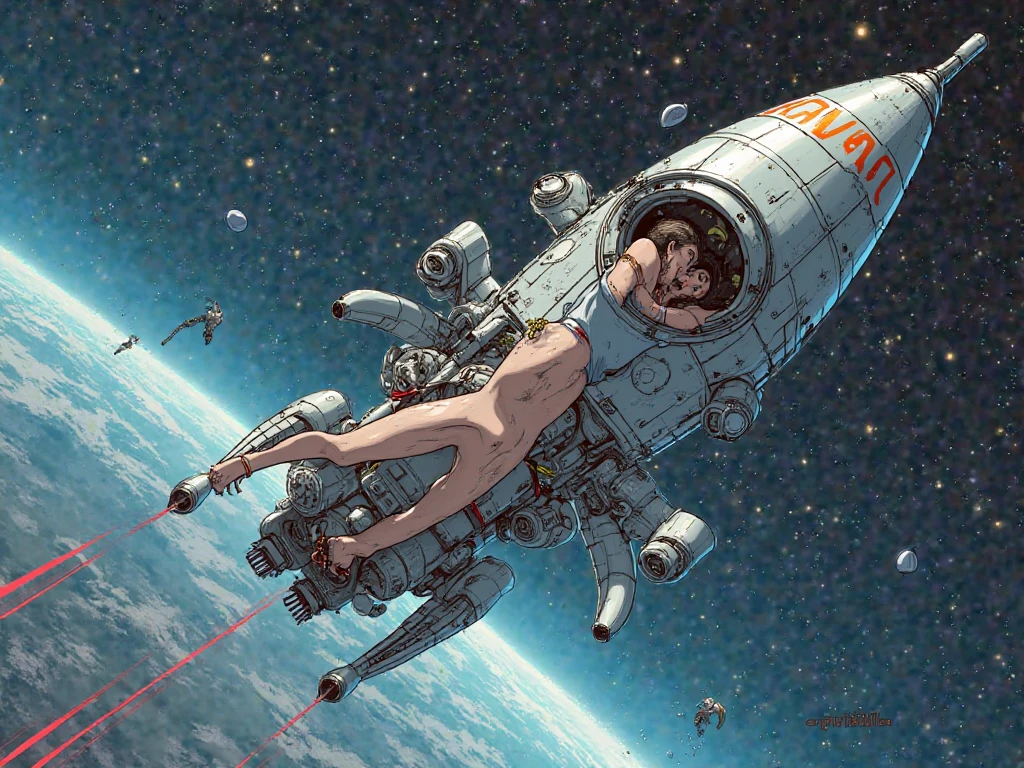 Scene in space: a bald young guy with a small beard inserts his penis between the legs of a very beautiful brown-haired woman. She sighs with pleasure and kisses him.. Both characters are naked, floating in space.
