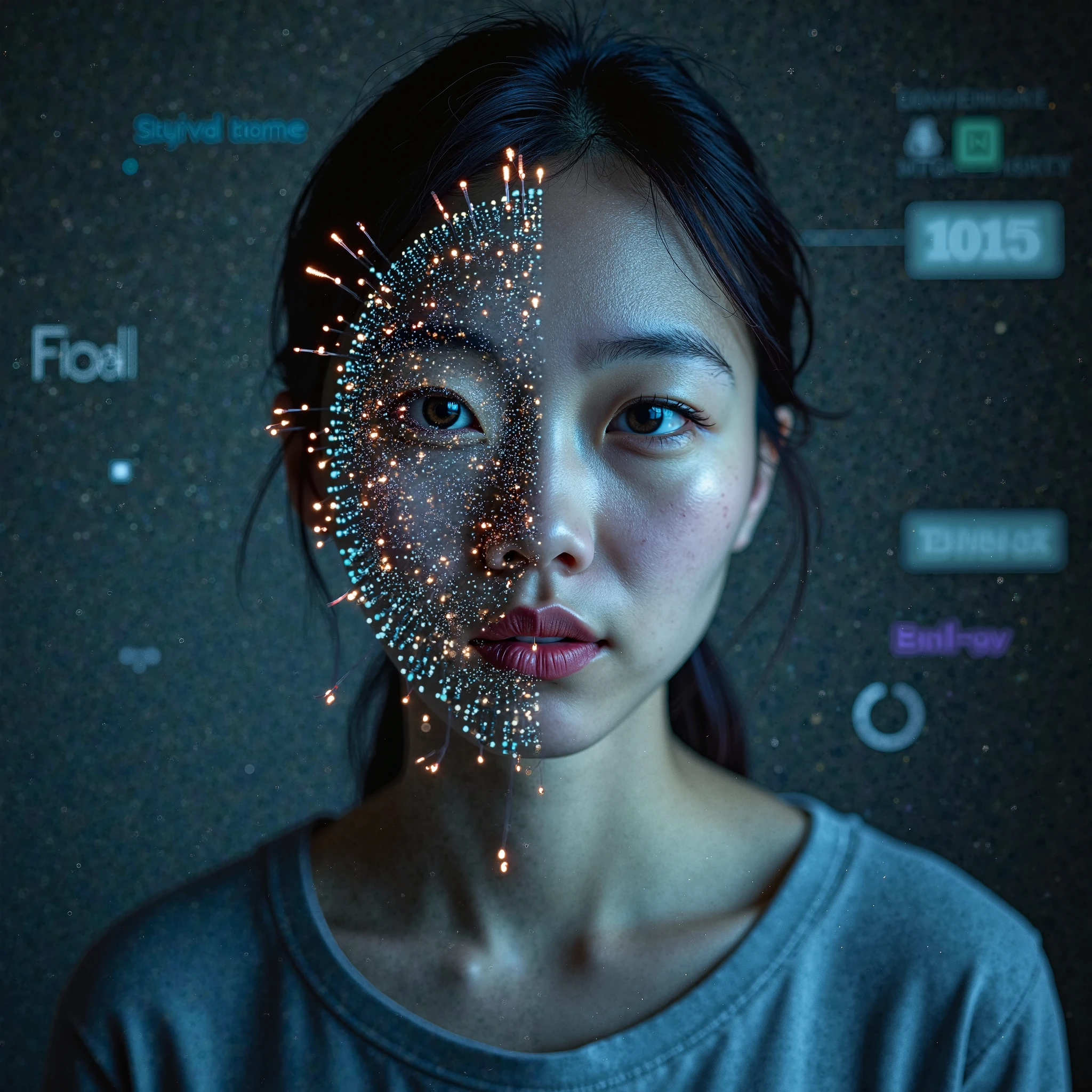 Close-up of oriental female face，Presumably, Glowing green holographic equation projected onto skin. Strong gaze, Realistic features. Dark background, Cyberpunk aesthetics. Glowing math formulas, Handwriting style. Futuristic, High-tech atmosphere. Photorealistic rendering, Dramatic Lighting, In sharp contrast，Young and energetic, Charming model, (Exquisite eyes, Delicate lips), Show a bright smile, Create stunning girl images, Color Saturation Extreme Art, Extremely detailed CG, Unity 8K wallpaper, (High Dynamic Range :1.4), (Movie atmosphere),(Soft colors), (Natural skin texture