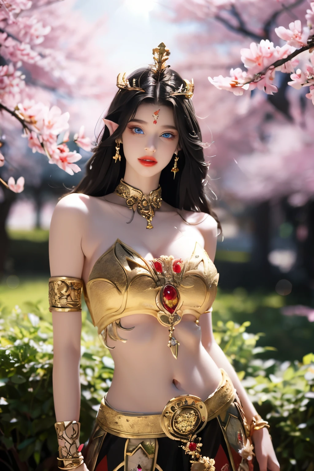 One 20 year old girl, (breast :1.1), navel,upper body,bare shoulders, jewellery,wears small and red tube top,tube top having deep neckline,revealing cleavage,red skirt, blue gems,shiny skin,(mature female),milf,cai lin, deep blue eyes, jet black long hair, 8k resolution high quality,background: around the garden surrounded by Sakura trees with fluttering sakura petals, from head to thighs, hourglass figure, bare shoulders, exposed midriff, a tilak on her forehead,ornamental logo on her forehead, snake crown, necklace, earings with blue gem, long black hair bangs, pointy ears,golden bracelet,Bright lightening under the sun through sakura canopy. High quality 16k resolution,( HDR :1.5), cinematic look, ultra-detailed,ultra lightening, (photorealistic :1.2), long thin straight eyelashes, dense black eyelashes,sharp eyes, diamond shaped head, straight nose, closed heart shaped lips, pose: hands in hair, looking at viewer